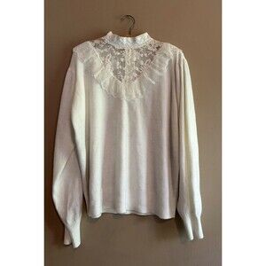 Maurada Vintage Lace Ruffle Collar High Neck Sweater Women's Plus Size 2X Ivory